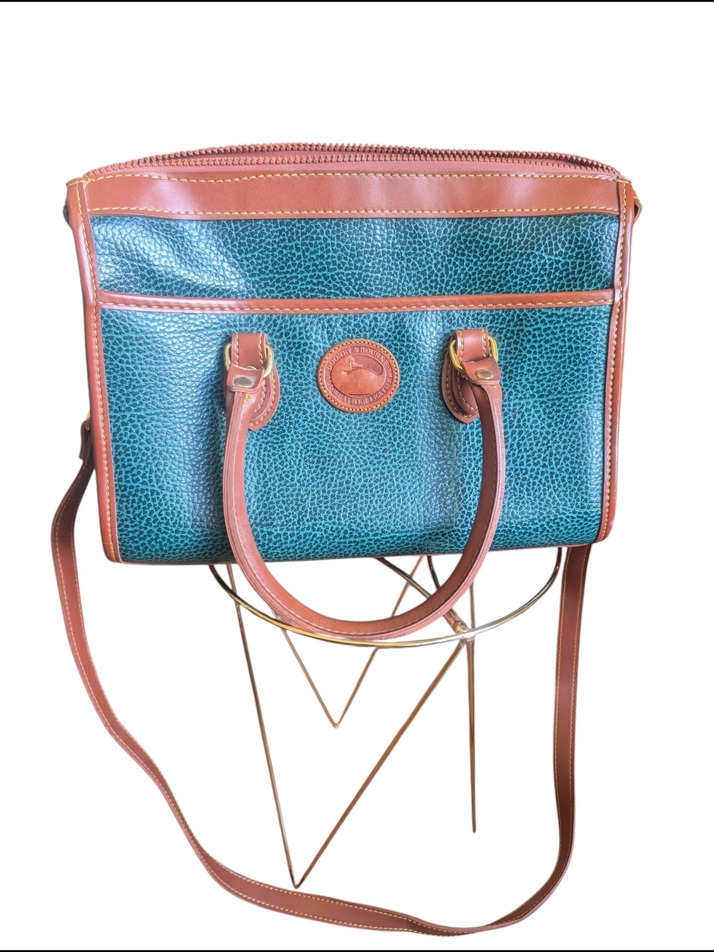 Vintage Dooney & Bourke All-Weather Leather Green Pebble & Brown Trim Satchel